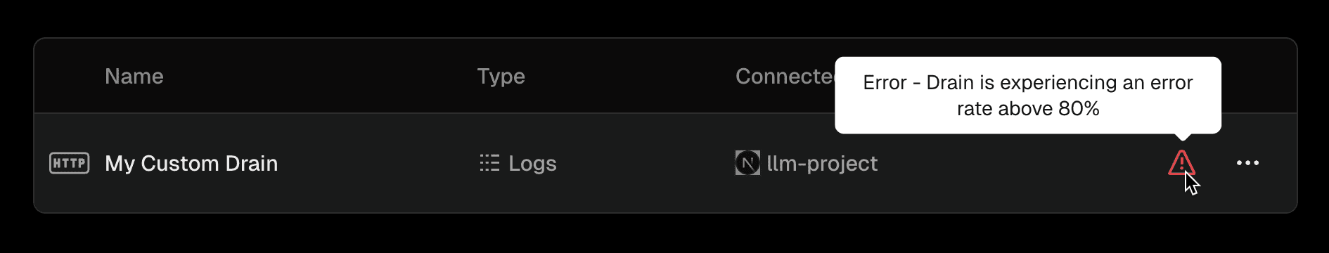 Errored drain will show a warning status.
