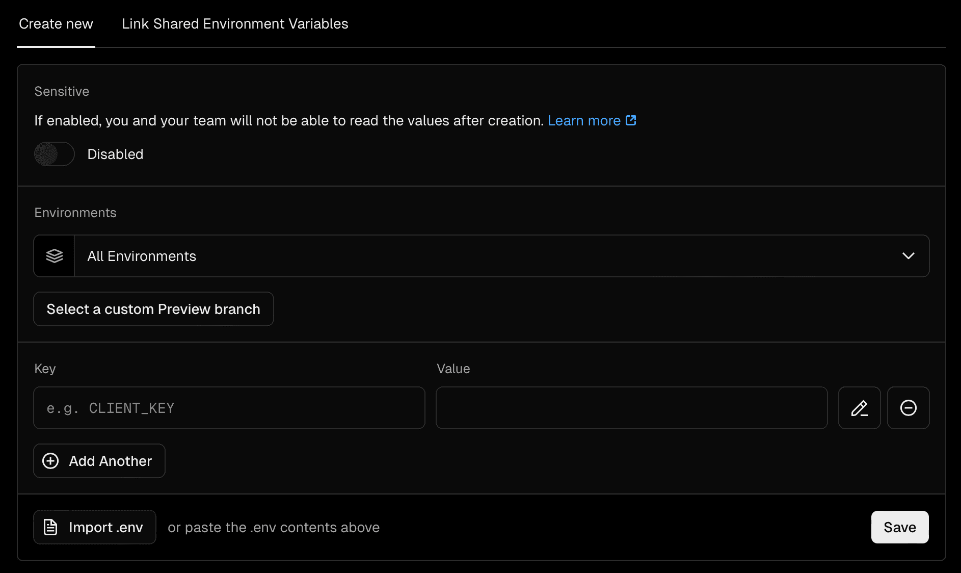 The 'Add New' section of the Environment Variables page in the Project Settings.