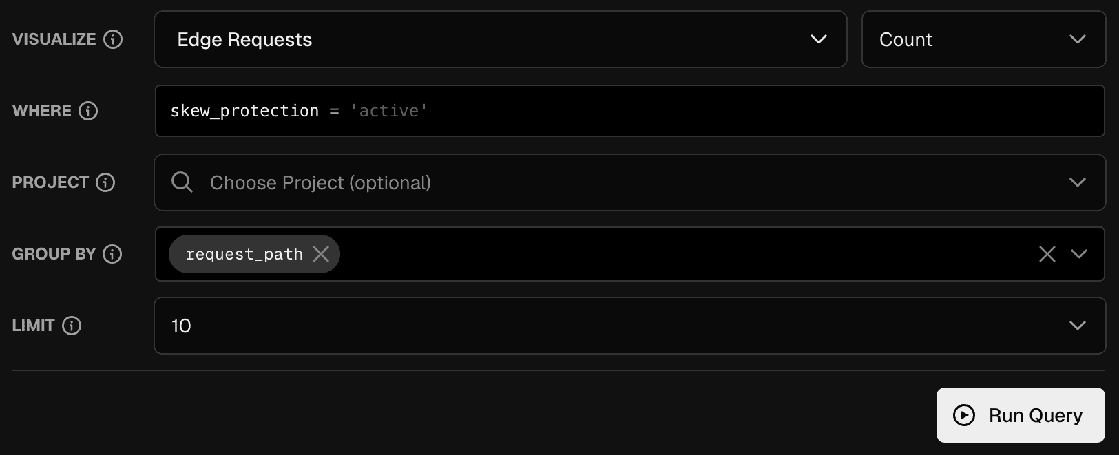 A screenshot of a query of requests filtered by active skew protection.