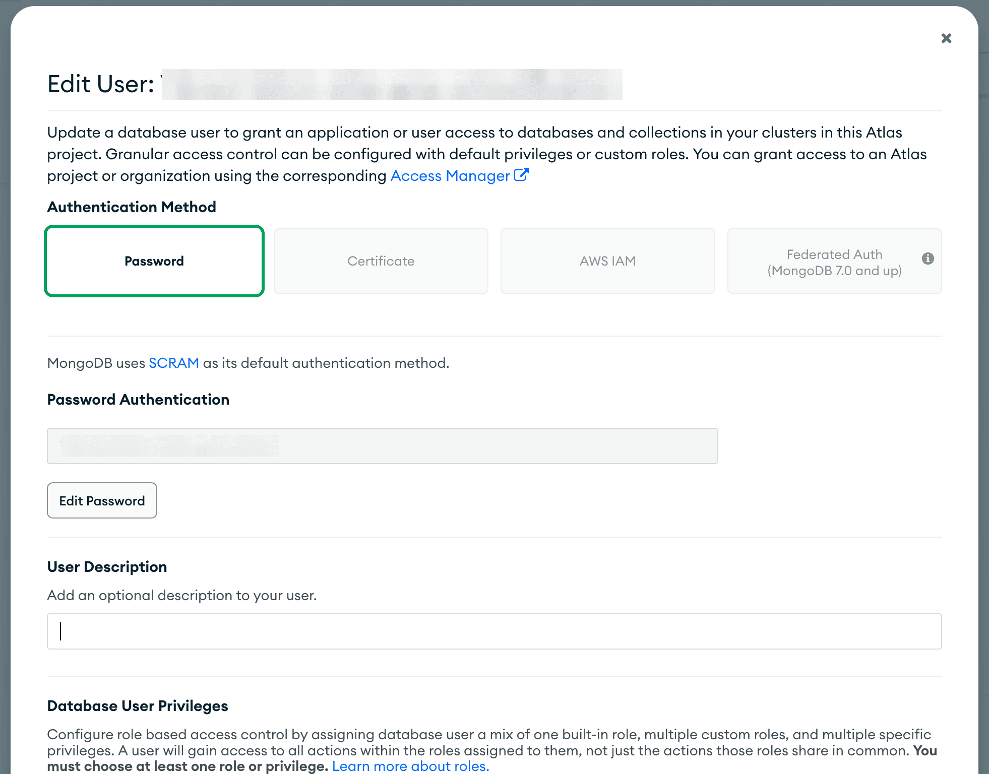 The top portion of the edit form for a MongoDB database user, including the Edit Password button.