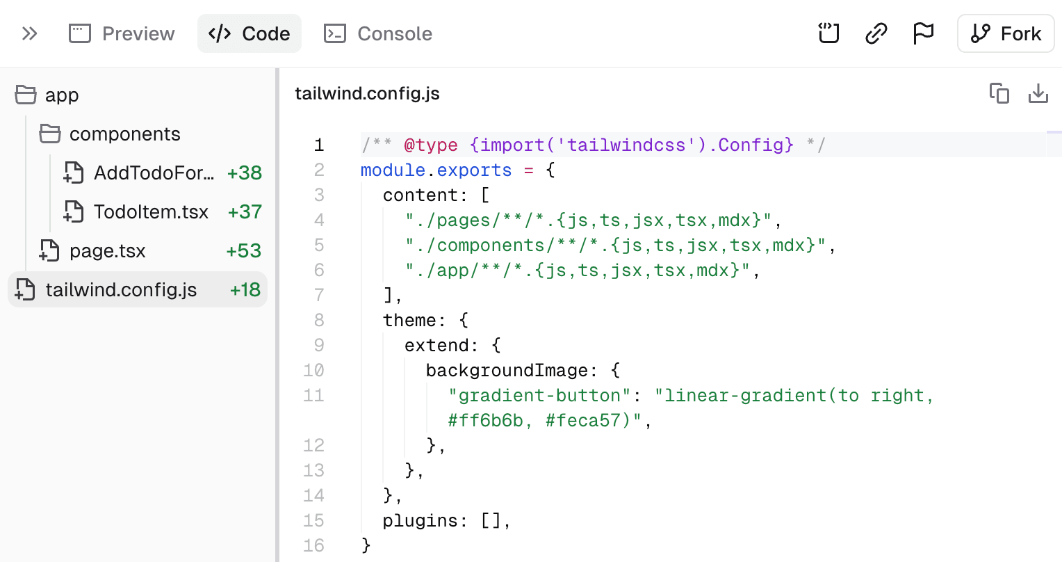 Example of defining custom style preferences in the tailwind.config.js file in v0.