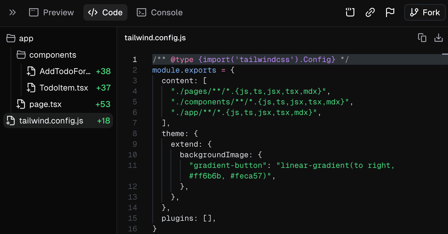 Example of defining custom style preferences in the tailwind.config.js file in v0.